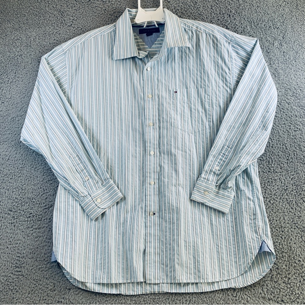 Tommy Hilfiger Shirt Men's 80's 2 Ply Fabric Long Sleeve‎ Stripe Blue XL 17.5-18